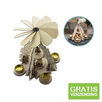 Houten Kerstpiramide met waxinelichthouders 22,5 x 22,5 x 28,5 cm