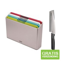 Joseph Joseph 4-delige snijplankenset met houder en Elevate koksmes