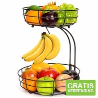 XEMM Fruitmand met Bananenhouder - 2-Laags Rond - zwart Metaal