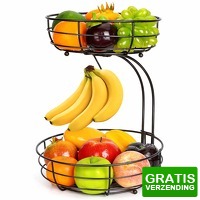 Bekijk de deal van DealDonkey.com: XEMM Fruitmand met Bananenhouder - 2-Laags Rond - zwart Metaal