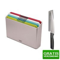 Bekijk de deal van DealDonkey.com: Joseph Joseph 4-delige snijplankenset met houder en Elevate koksmes