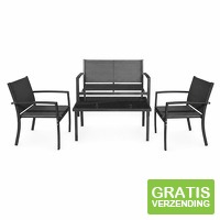 HI Loungeset 4-delig zwart - tuinset met sofa, 2 stoelen en glazen tafel