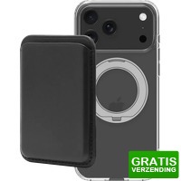 Bekijk de deal van Coolblue.nl 1: BlueBuilt MagSafe Hoesje en Standaard iPhone 18 Pro Max Transparant + Kaarthouder Leer zwart