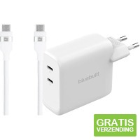 BlueBuilt 100W GaN Oplader met 2 Usb C Poorten wit + BlueBuilt Usb C Kabel 240W 2 m Nylon