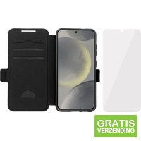 BlueBuilt Samsung Galaxy S25 Book Case Leer zwart + BlueBuilt Screenprotector Glas