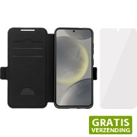 Coolblue.nl 1: BlueBuilt Samsung Galaxy S25 Book Case Leer zwart + BlueBuilt Screenprotector Glas